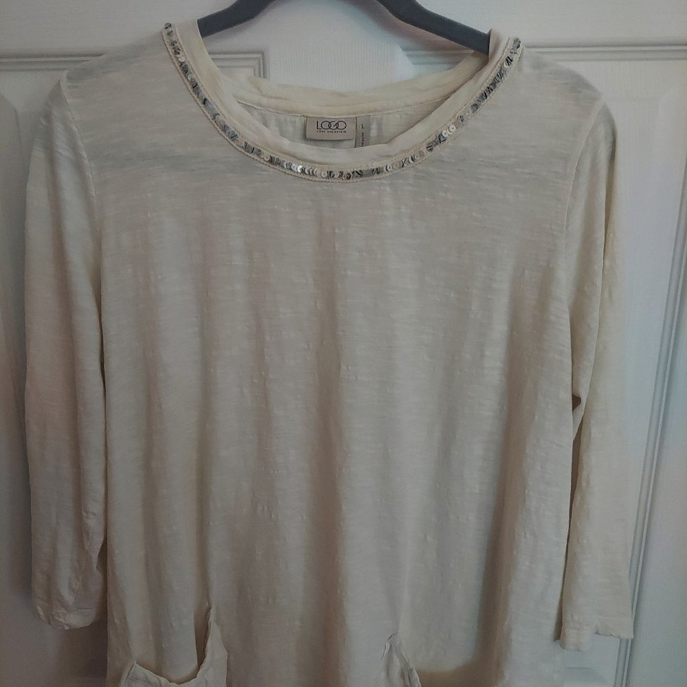 LOGO by Lori Goldstein Cream gauze tunic with sequin collar